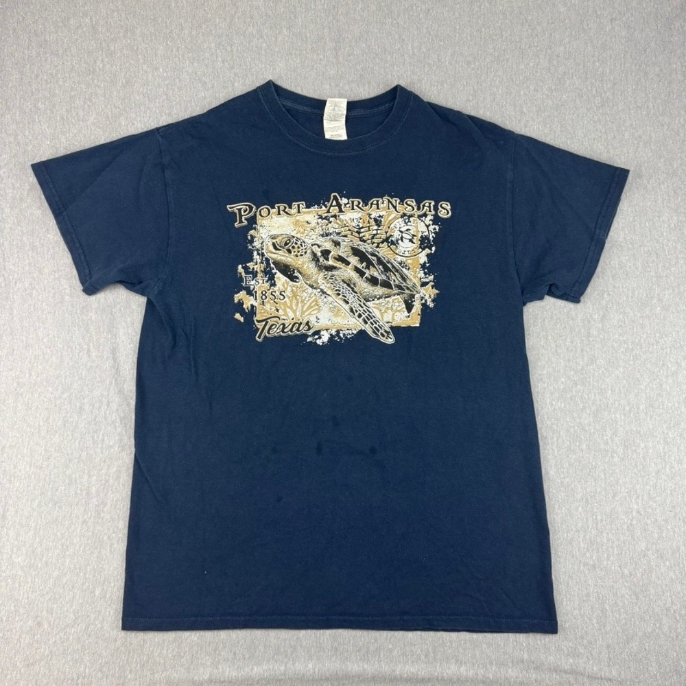 Gildan T-Shirt Mens M Navy Good Port Aransas Texas Turtle Graphic 100% Cotton